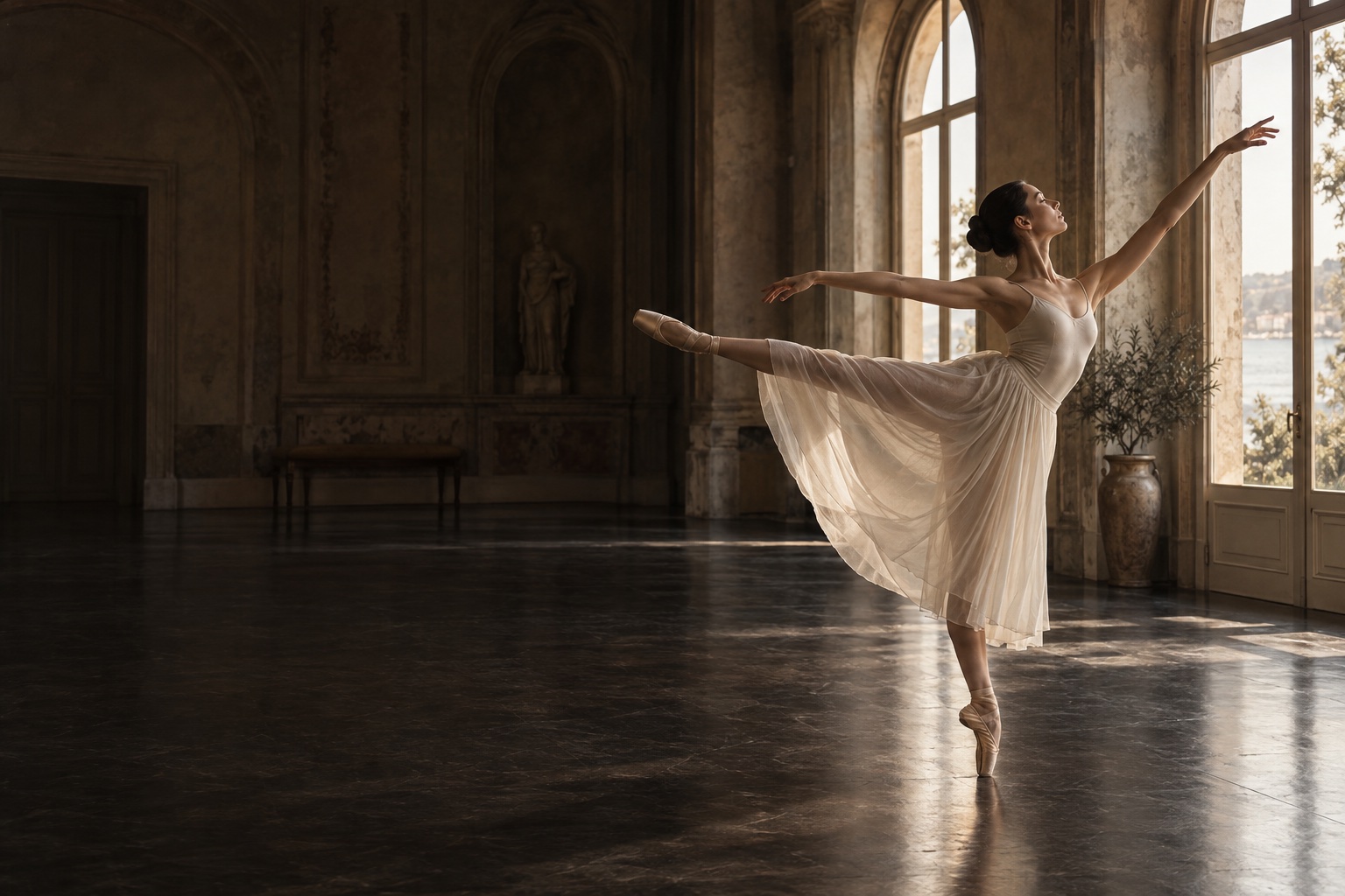 Bailarina em movimento num estúdio de arquitetura clássica, iluminado pelo sol